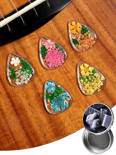 Swooflia フラワーギターピック ケース付き - 5パック ミディアム キュート カラフル ギター ピクス パック バルク ギターアクセサリー アコースティック、エレクトリック、ベース、ウクレレホワイトレースフラワー用