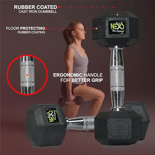 Image of NEXO Rubber Coated Hex Dumbbells for Home Gym Exercise | Workout Dumbbells Weights for Men & Women| 4kg Hex dumbbells set of 2 (2kg x 2) | Color - Black
