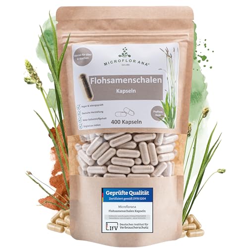 MICROFLORANA® - Flohsamenschalen Kapseln - 400 Kapseln - 3.660 mg hochdosiert je Portion - Laborgeprüfte Qualität - Indischer Flohsamen - Frei von Zusätzen - Psyllium Husk - Leichte Dosierung