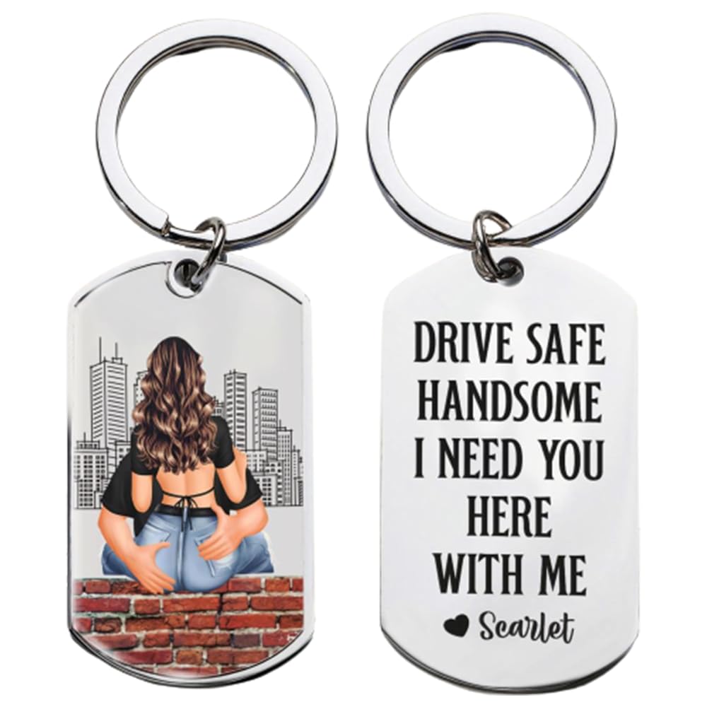 Drive Safe - Personalized Engraved Stainless Steel Dog Tag Keychain, Custom Photo for Boyfriend or Husband