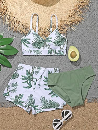 Image of SHENHE Girl's 3 Piece Tropical Print V Neck High Waisted Bikini Swimsuit with Beach Shorts Palm Multicolor 130