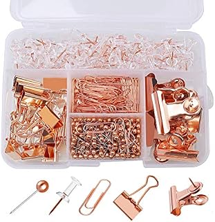 kuou 500 PCS Rose Gold Office Stationery, 300 PCS Map Pins+100 PCS Transparent Push Pins + 80 PCS Paper Clips+14 PCS Binder Clips +6 PCS Metal Clips for Office, School and Home Supplies