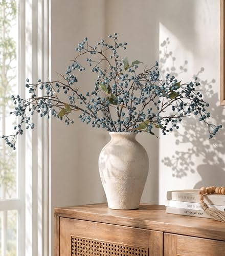 HyeFlora 4 Pcs Artificial Blueberry Stems 32 Inch Dual Blue Rose
