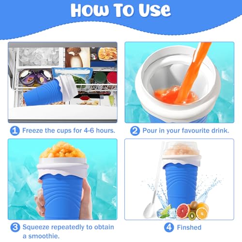 Herbst Slushy Maker Becher 500ml Silikon Squeeze Cup mit Strohhalmlöffel Slush Eis Becher DIY Ice Cup Slushy Maker Cup Smoothie Becher mit Reinigungsbürste (Blau) – Bild 5