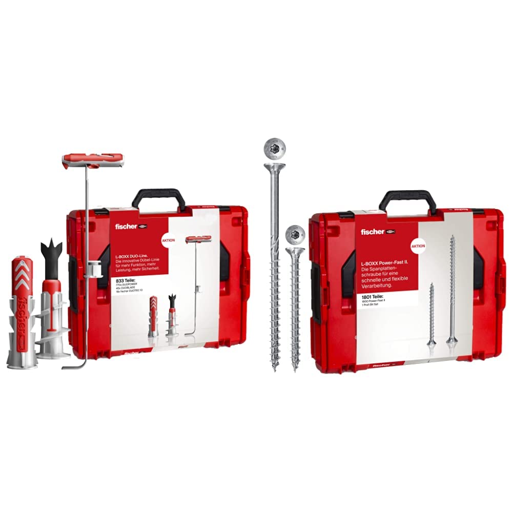 fischer Set aus L-BOXX DuoLine und L-BOXX PowerFast II, die innovative Dübel-Linie für mehr Funktion, Leistung & Sicherheit, kombiniert mit universell einsetzbaren Spanplattenschrauben
