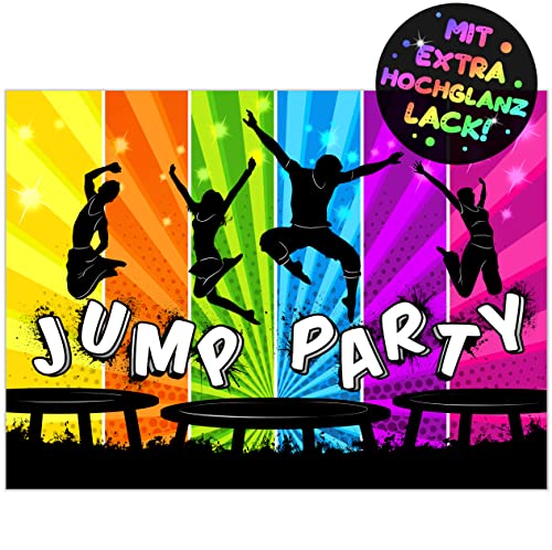 12x EINLADUNGSKARTEN JUMP PARTY für KINDERGEBURTSTAG - die frech bunten Karten im Trampolin Design sind die Jump-Party EINLADUNG für Jungen Mädchen Kinder zum Geburtstag und Sport KINDERPARTY Cover