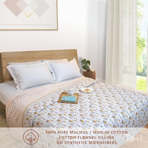 Image of TOAIArt Premium Jaipuri Dohar | AC Blanket Summer Quilt | Hand Block Printed | 3 Layers | Reversible | 150GSM 100% Mulmul Cotton | 100% Cotton Flannel Filling | Queen 90 inch X 108 inch |Grey Yellow Cartoon