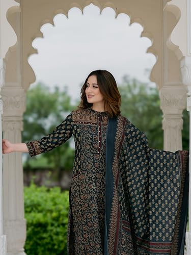 Image of Arayna Women's Cotton Printed Kurta Set with Palazzo Pants and Dupatta | Ethnic Straight Kurta