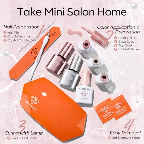 Modelones Gel Nail Kit with UV Lamp, 4 Colors Gel Nail Polish Kit Mini Salon, Base &Top Coat and Stickers, Milky White Nude Pink Glitter Gel Polish Set DIY Home Nail Art Manicure Set for Women - Image 6
