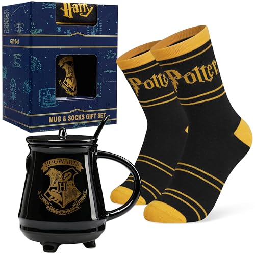 Harry Potter Conjunto de caneca para mulher adolescente, meias engraçadas, presentes originais ela (preta com colher e meias)