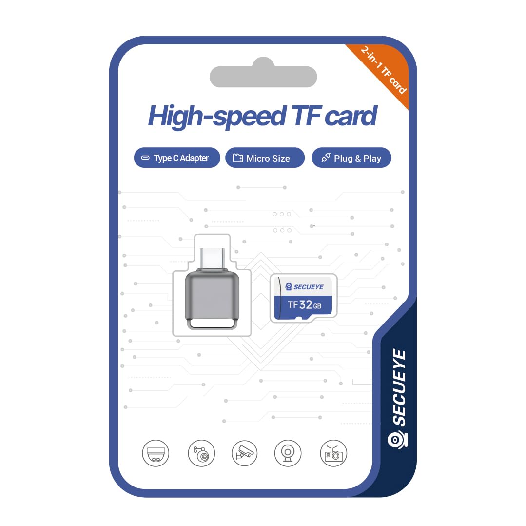 SECUEYE 32GB TF Memory Card with Type C Adapter, Class 10 FAT32 High Speed Reading/Writing, 24/7 Recording for Security Camera Dash Cam and More (32GB + Card Reader)
