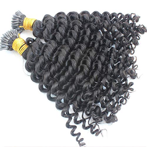 Loose Deep Curly Micro Link Hair Extensions Human Hair I Tip 1g/strand 100g Brazilian Machine Remy Pre-bonded Curly Nano I Tip Hair (14inch, Color 1#)