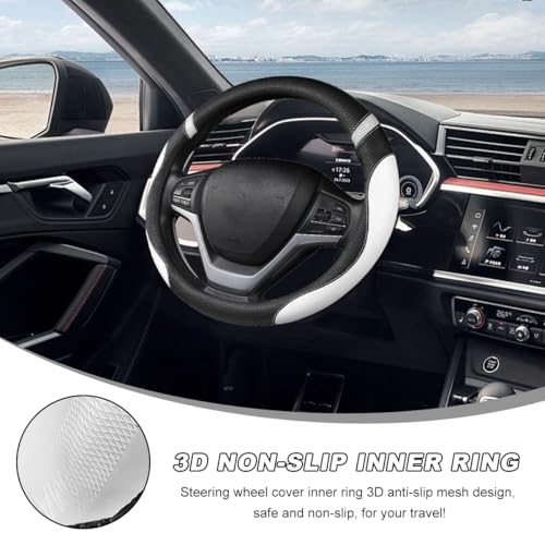 Image of Car Steering Wheel Cover, 15 Inch Premium Leather Breathable Non-Slip Wheels Wrap, Universal Auto Comfortable Steering Wheel Protector for SUV Truck Van, Car Accessories (White)