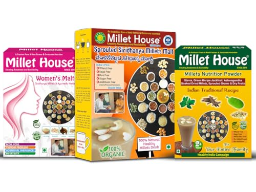 Image of Millet House Family Combo Health Mix | Sprouted Siridhanya Millets Malt 1000 Grams | Women's Malt 400 Grams | Millet Nutrition Powder 400 Gram (Pack of 3, Family Health Millets Malts, 1.8 KG)