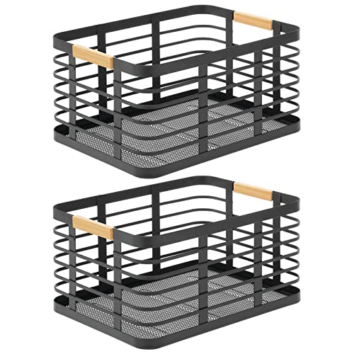 Mdesign Metal Wire Modern Rustic Farmhouse Large Food Organizer Storage Bin Basket With Bamboo Wood Handle For Kitchen Pantry Shelf, Cabinet, Or Cupboard - 2 Pack - Black/Natural #TOP6