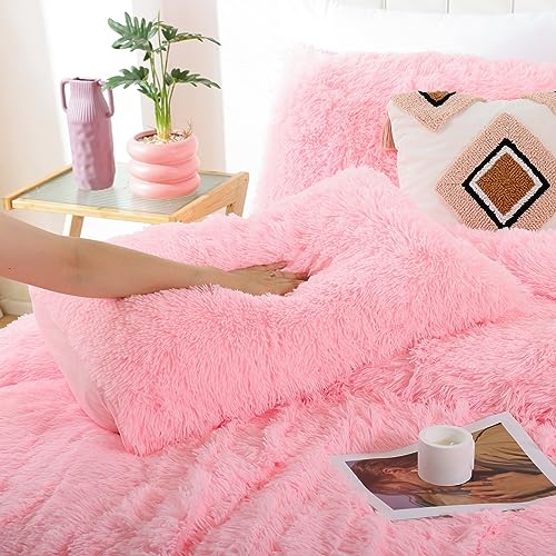 Smoofy Fluffy Twin Comforter Set, Faux Fur Comforter Set Pink, Luxury Fuzzy Twin Bedding Set Pink, Soft Shaggy Bed Set for All Season, 2 Pieces - 1 Comforter & 1 Pillowcase