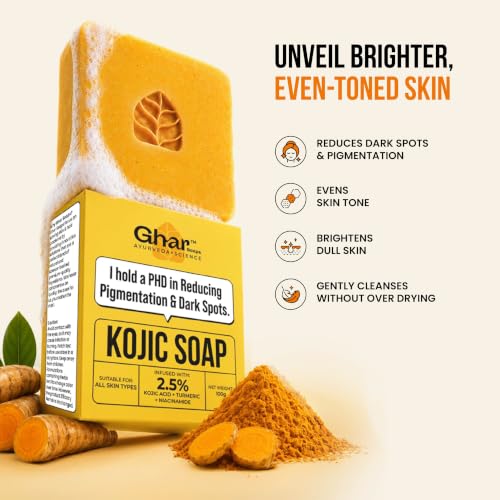 Image of Ghar Soaps Kojic Acid Soap | For pigmentation and dark spots reduction | With 2.5% Kojic Acid + Turmeric Extract + Niacinamide| For all skin types (100g x 3 Pack)