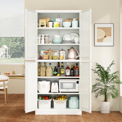 Image of Wanfu 71 inch Tall Pantry Cabinet, Metal Kitchen Pantry Cabinet with 4 Doors and 4 Adjustable Shelves, Kitchen Pantry Storage Cabinets, Metal Storage Cabinet for Kitchen, Dining Room, Living Room-White