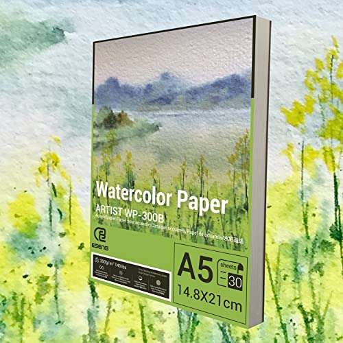 ESENG® Premium Watercolour Paper DIN A5, 100% Cotton, 30 x Sheets, 300 GSM, White, Watercolour Pad