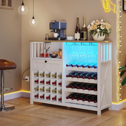 DWVO 47" Wine Bar Cabinet with LED Lights and Power Outlets, Modern Liquor Cabinet with Storage and Drawer, Bar Table with Wine Rack for Kitchen Dining Living Room, Washed White