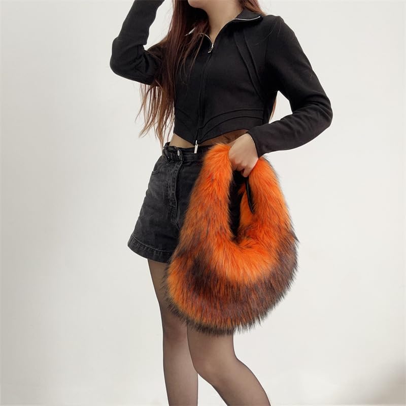 Image of Faux Fur Hobo Shoulder Bag for Women - Large Cute Fluffy Tote Plush Handbag Y2K Furry Purse