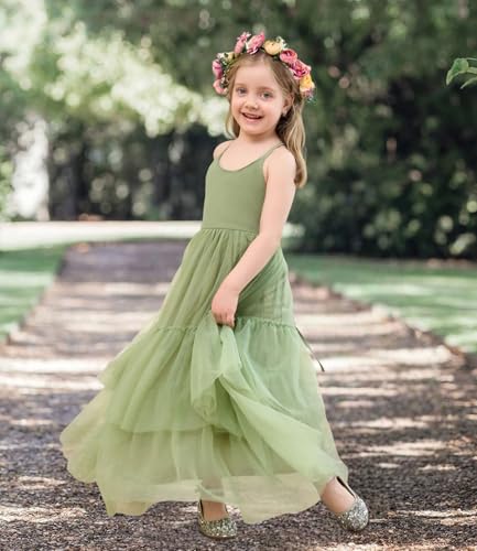 Boho Flower Girl Dress Tulle Strap Backless Layered Girls Beach Wedding Party Maxi Gown2