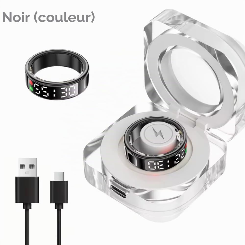 Bague connectée avec écran Tactile et Moniteur de fréquence Cardiaque, boîtier de Chargement sans Fil Noir de 18,2 mm de diamètre intérieur