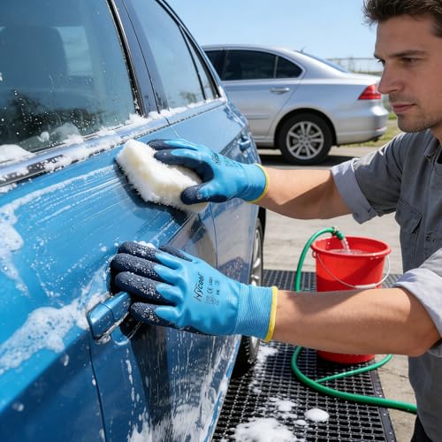 DS Safety Arbeitshandschuhe Herren und Damen - Wasserdichte Gartenhandschuhe mit Schaumlatex und Gummibeschichtung Handschuhe (1 Paar-Blau) Größe 7/S