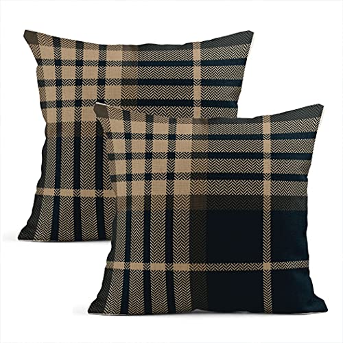 Subently Set Of 2 Throw Pillow Covers Herringbone Dark Blue Beige Brown Check Plaid Natural Linen Cushion Case Home Decorative Sofa Room Armchair Bed Pillowcase 16X16 Inches #TOP10