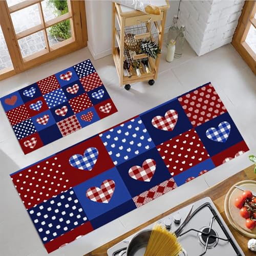 Alfombras de cocina antideslizantes azul marino de pasillo con estampado patchwork y corazones 2