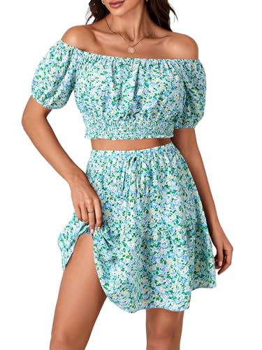 Vrtige Women's 2 Piece Outfits Floral Off Shoulder Short Sleeve