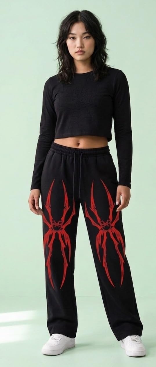 Barmanic Women's Jogger with Red Spider Graphic Print, Black, Elasticated Drawstring Waist, Street Style-image-25