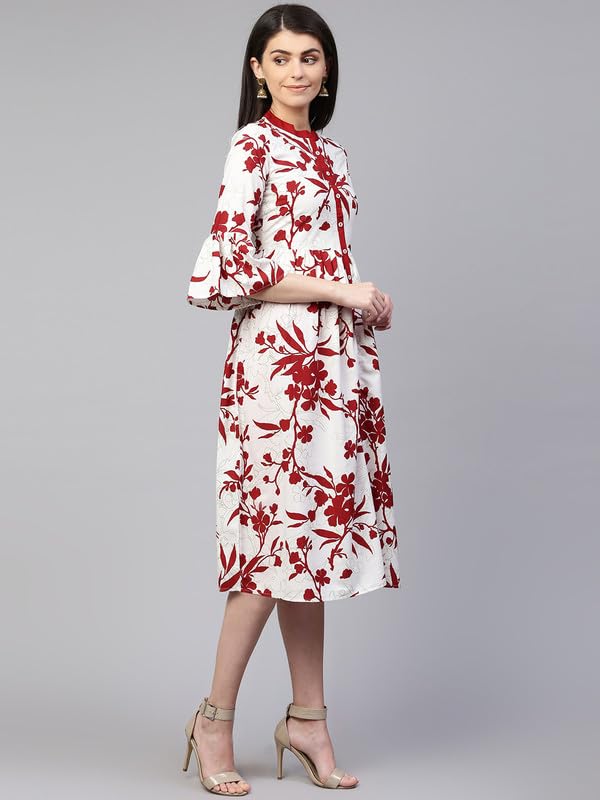 Image of RANGMAYEE Women White and Maroon Printed A-Line Midi Dress