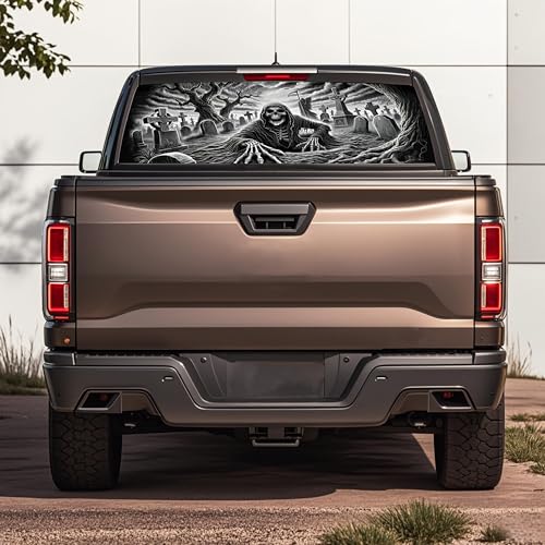Image of Rear Window Decals for Trucks - 65x17.3 in Back Window Decals Fit Most Pickup Trucks SUV, Vinyl American Skull Flag Back Window Decal for Car Personalized Decoration - Skull Decal-9-S