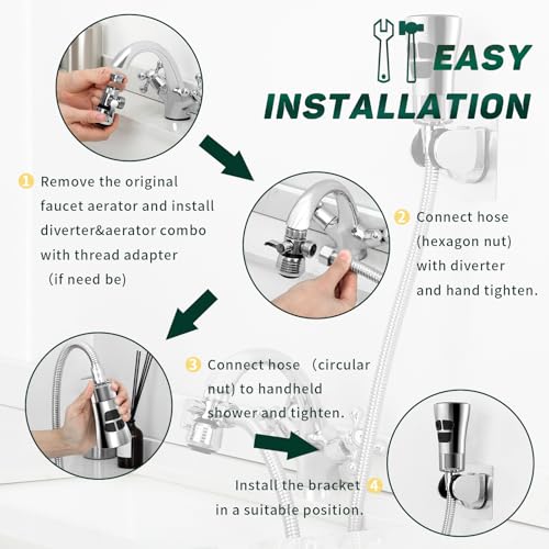 Image of CECEFIN Kitchen Faucet Hose Attachment, 4-Mode ON /Off Sink Sprayer Head with Filter, 4.9Ft Stainless Steel Hose, Water Saving Aerator w / 3-Way Diverter Valve for Hair Washing Laundry Room & Pet Shower