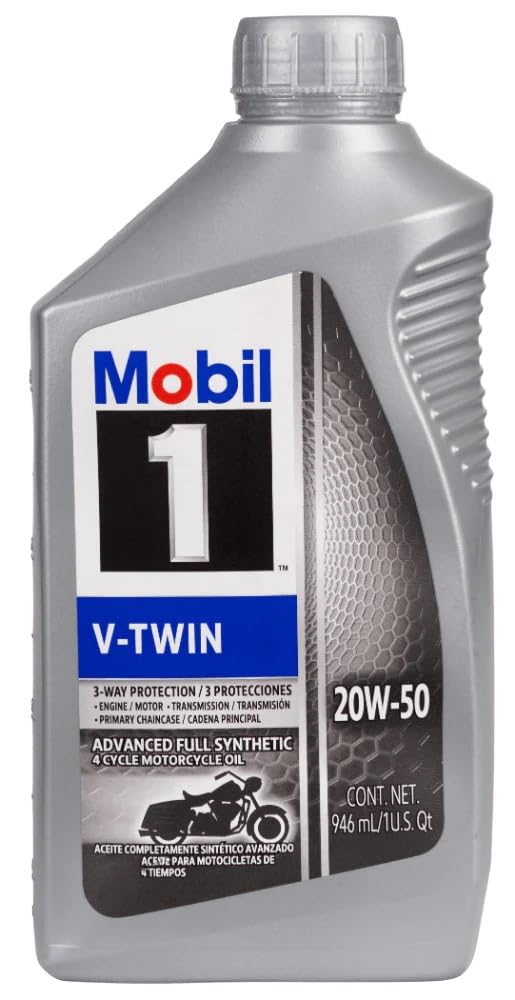 Mobil 1 Motor Oil, V-Twin, 20W50, Synthetic, 1 qt Bottle, V-Twin Motorcycles, Each