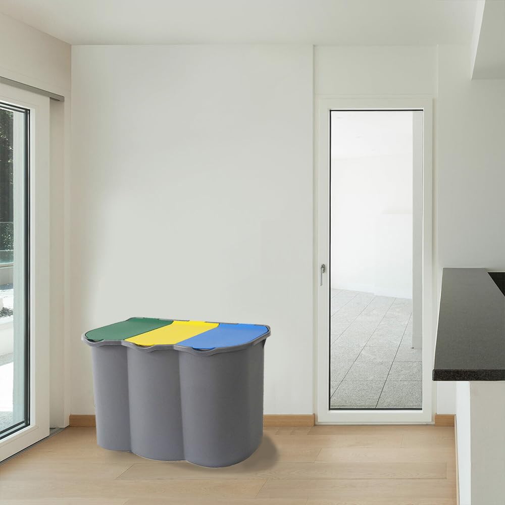 PALUPLUS Pattumiera a 3 Scomparti per Raccolta Differenziata, misura 74x35x55 e Capacità 80 Litri, Anelli Ferma Sacchetto, Secchio per Spazzatura con Coperchi Azzurro, Giallo e Verde -9606