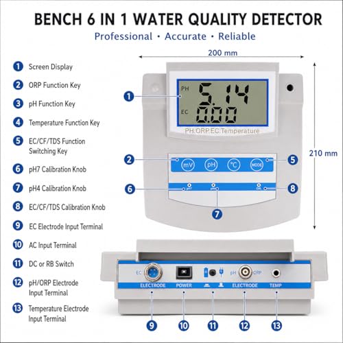 Kit de medidor de pH de sobremensa Digital de Alta precisión 6 en 1, con compensación Temporal, almacena Datos para Pruebas de Pesca y Suelo de Acuario de Laboratorio, medición de Amplio Rango