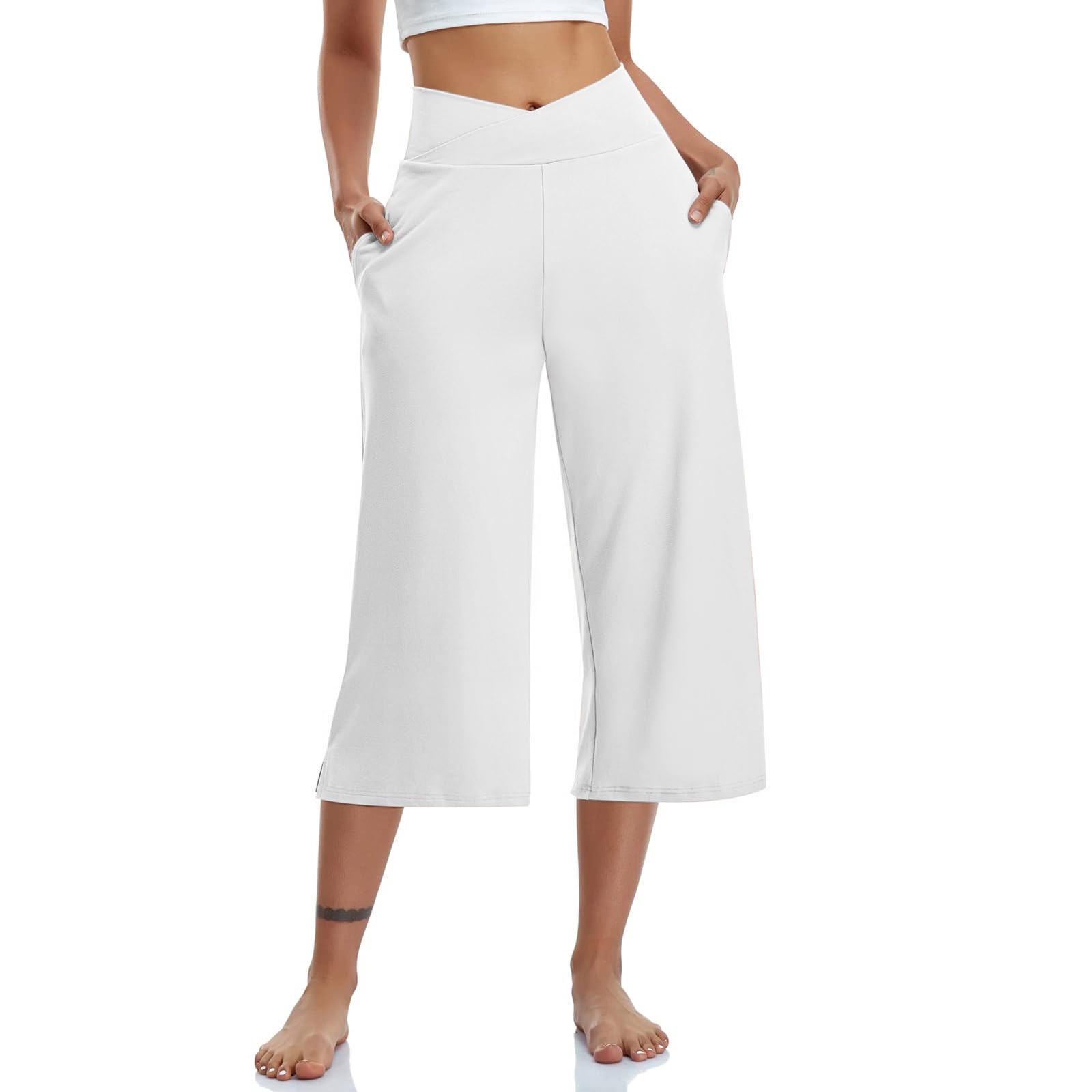 Capris Pants for Women Crossover Wide Leg Yoga Capris with Pockets Tummy Control Capri Leggings with Pockets Plus Size Casual Cropped Yoga Pants Loose Flare Athletic Workout Dress Pant