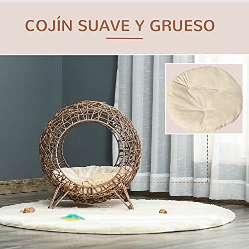 Pawhut-Cama-Cueva-para-Gatos-de-Ratan-Cesta-para-Mascotas-Pequenas-con-Base-Tripode-Cojin-Suave-2-Entradas-Diseno-Elevado-O50x56-cm-Cueva-Marron-y-Cojin-Beige la cueva para gastos incluye un cojín suave