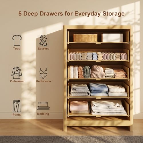 Image of Natural Oak Dresser with 5 Deep Drawers, 47 inch Tall Fluted Chest of Drawers, Round Edge, Modern Vertical Dresser, Wooden Storage Organizer Cabinet for Bedroom, Living Room, Entryway, Hallway
