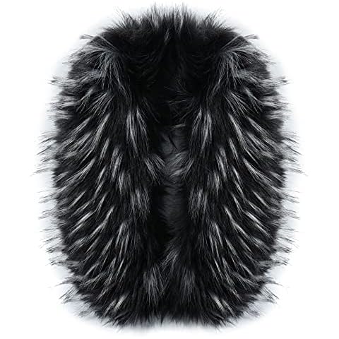 MAGIMODAC Faux Fur Collar detachable Hood Trim Replacement Neck Warmer Scarf Shawl Wrap For Winter Coat Jacket (Black with white tip, 90cm/35.43’’) Cover