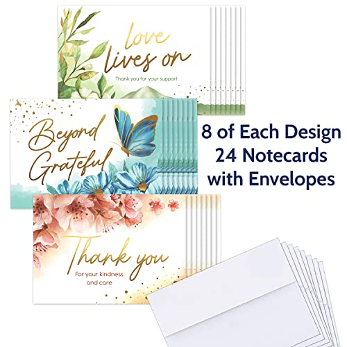 T Marie 24 Gold Foil Funeral Thank You Cards With Message Inside - 4.5 X 6.25” Floral Bulk Sympathy Flower Thank You Cards With Words Inside - Bereavement Thank You Notes With Envelopes #TOP2