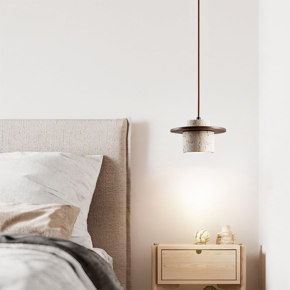 Lampadario Giapponese in travertino Bianco, Lampada a Sospensione con Paralume in Pietra Naturale, Lampada da soffitto Singola Regolabile in Stile Moderno di metà secolo, lampadari