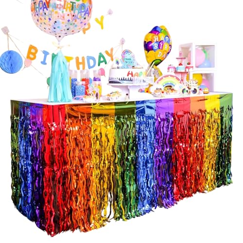 2 Pack Wavy Metallic Tinsel Foil Fringe Table Skirts, Rainbow Party Table Decorations, for Rainbow Party Birthday Wedding Engagement Bridal Shower Party Supplies
