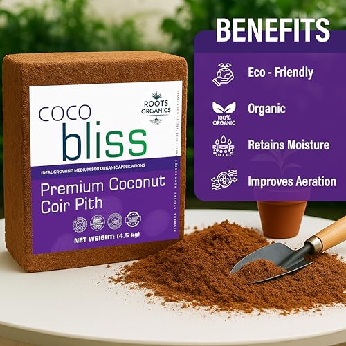 Image of Roots Organics 4.5KG (Pack 1) Coco Peat Block - Expands 75L | Organic Coconut Coir Pith Brick for Gardening, Potting Mix & Plant Soil | Ideal for Indoor & Outdoor Plants