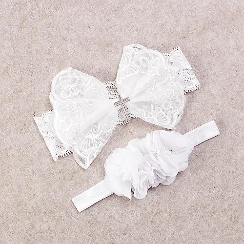 2 Pack Baptism White Newborn Bowknot Headbands Baby Christening Hair Bows Headwrap Toddler Hairband (Cross Button)2