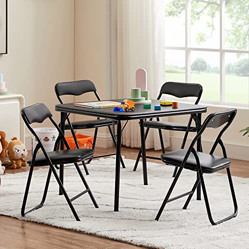 Vecelo Kids Folding Activity Table And Chairs 5 Pcs Set, Portable, With Ultra Soft Pu Padded Cushion, 5 Pieces, Black #TOP1