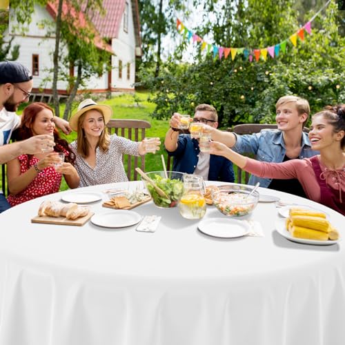 Image of 16 Pack White Plastic Tablecloth for Round Tables, Premium Decorative White Disposable Table Cloths for Parties, Bulk Round Party Table Cover for Birthday Wedding Anniversary Graduation, 84 Inch