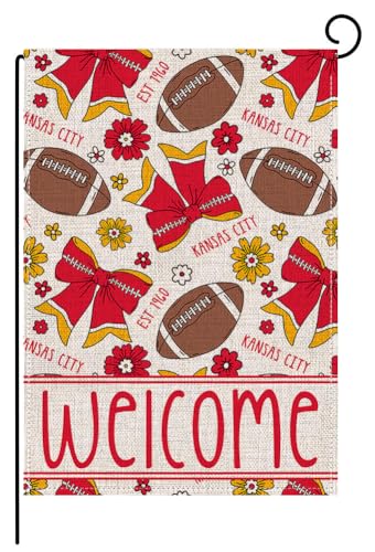 Football Welcome Garden Flags 12x18 Inch Vertical Double Sided Sports Game Day Seasonal Yard Outside Decor Flag for Kansas City